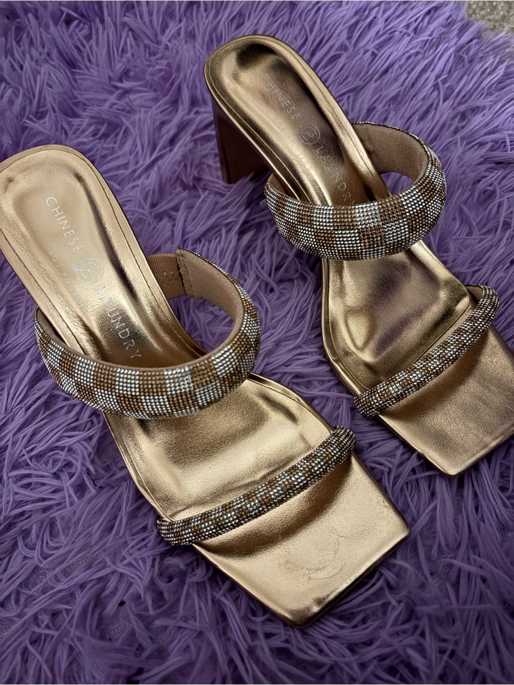 Chinese Laundry Metallic Gold Checkered Two-Strap Block Heel Mules